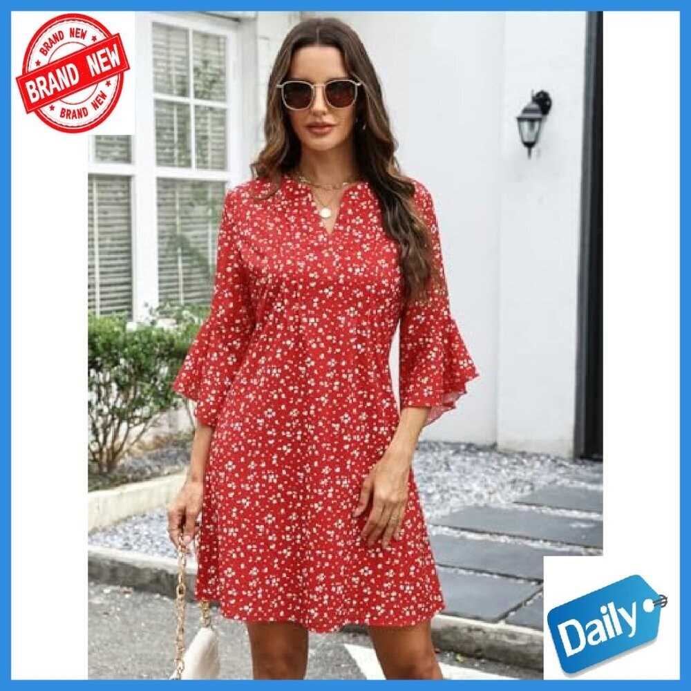 Lightweight Floral 3/4 Sleeve V-Neck A-Line Dress Casual Summer - Picture 6 of 7
